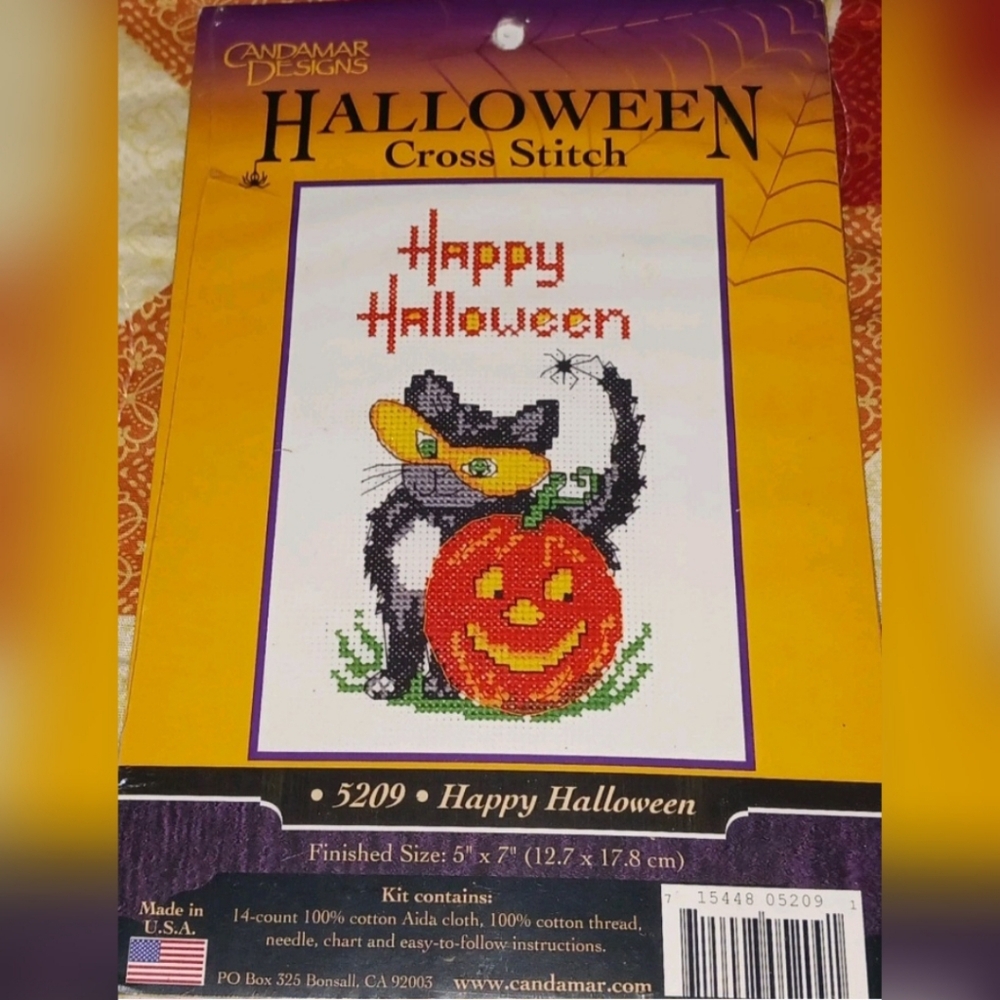 Candamar Designs Halloween Cross Stitch Kit Black Cat In Mask Jack O Lantern NIP